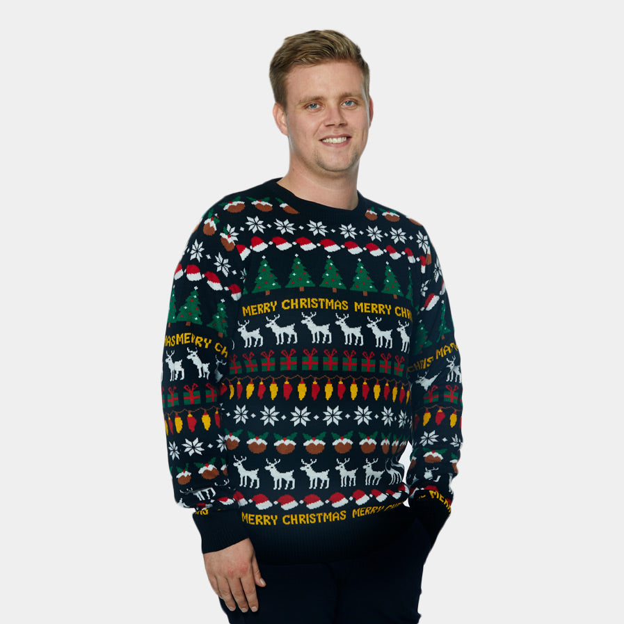Womens Black Ugly Christmas Sweater with Trees, Reindeer and Gifts