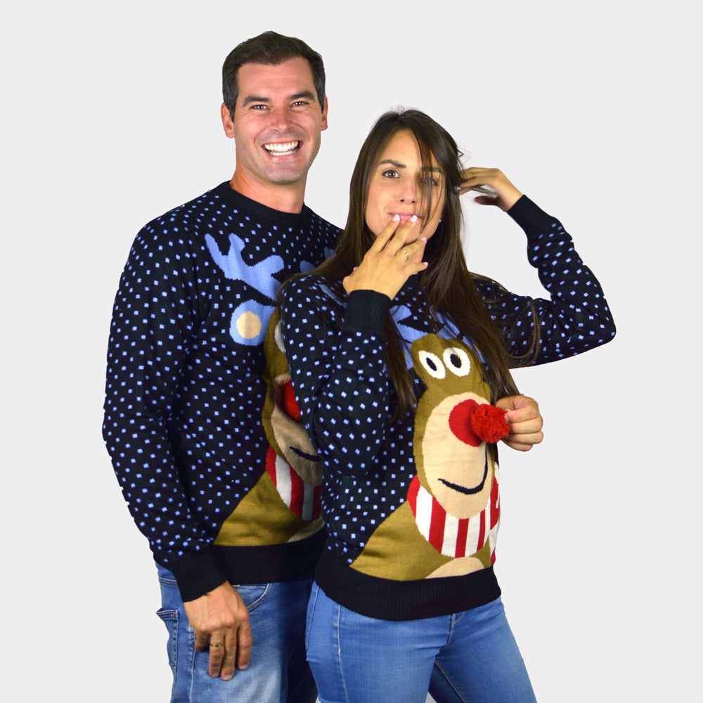 Womens Blue 3D Ugly Christmas Sweater ¨C Reindeer with Red Nosed
