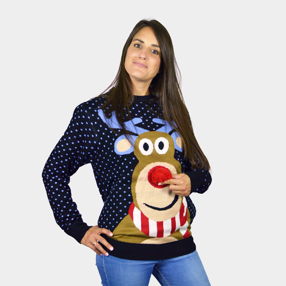Womens Blue 3D Ugly Christmas Sweater ¨C Reindeer with Red Nosed