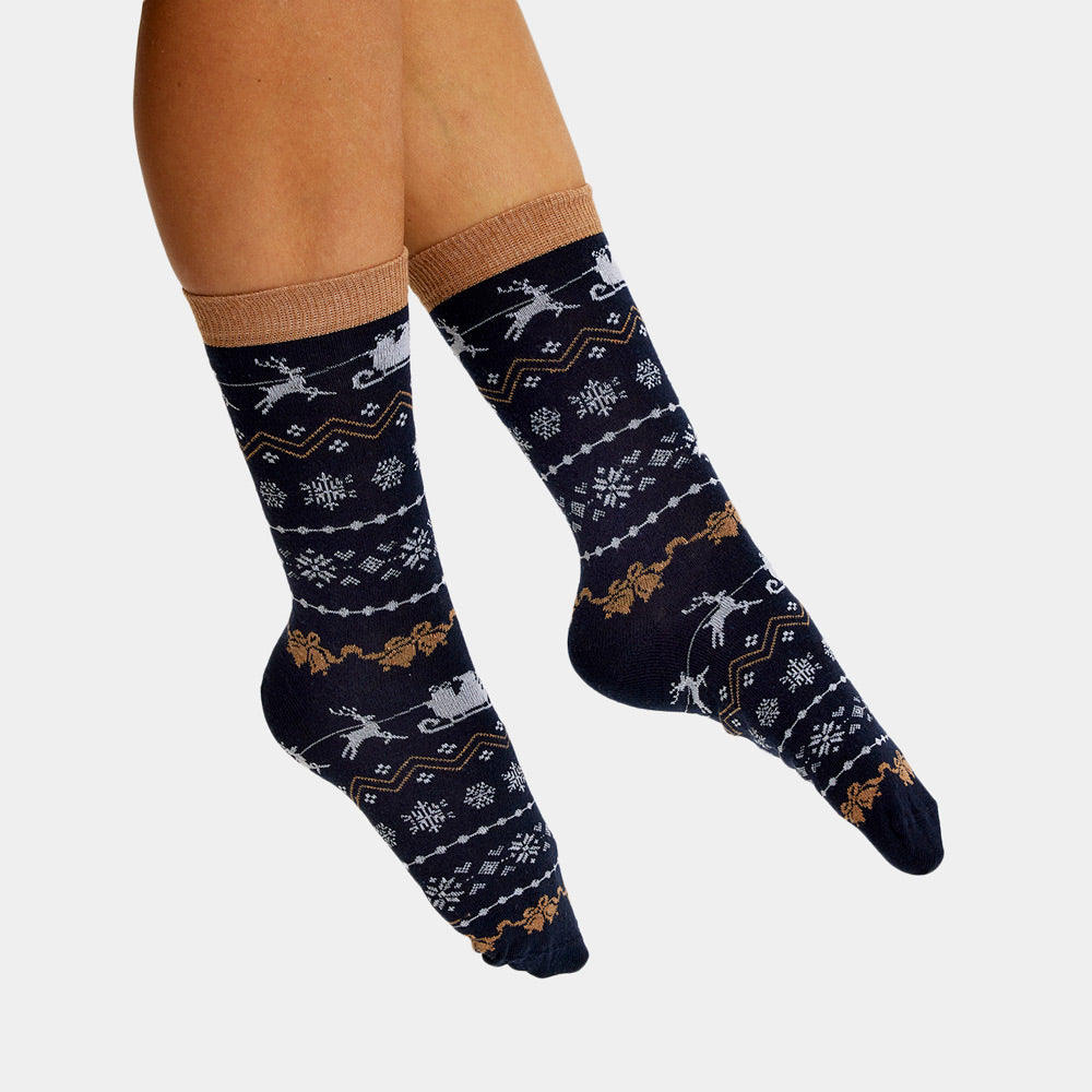 Blue Unisex Ugly Christmas Socks with Reindeers and Snow