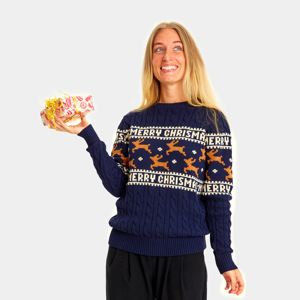Womens Classy Blue Organic Cotton Ugly Christmas Sweater with Reindeer