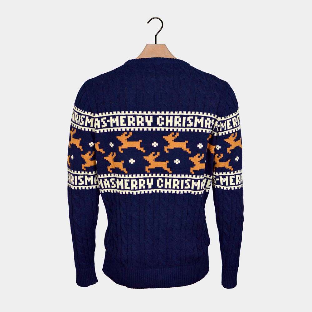 Womens Classy Blue Organic Cotton Ugly Christmas Sweater with Reindeer