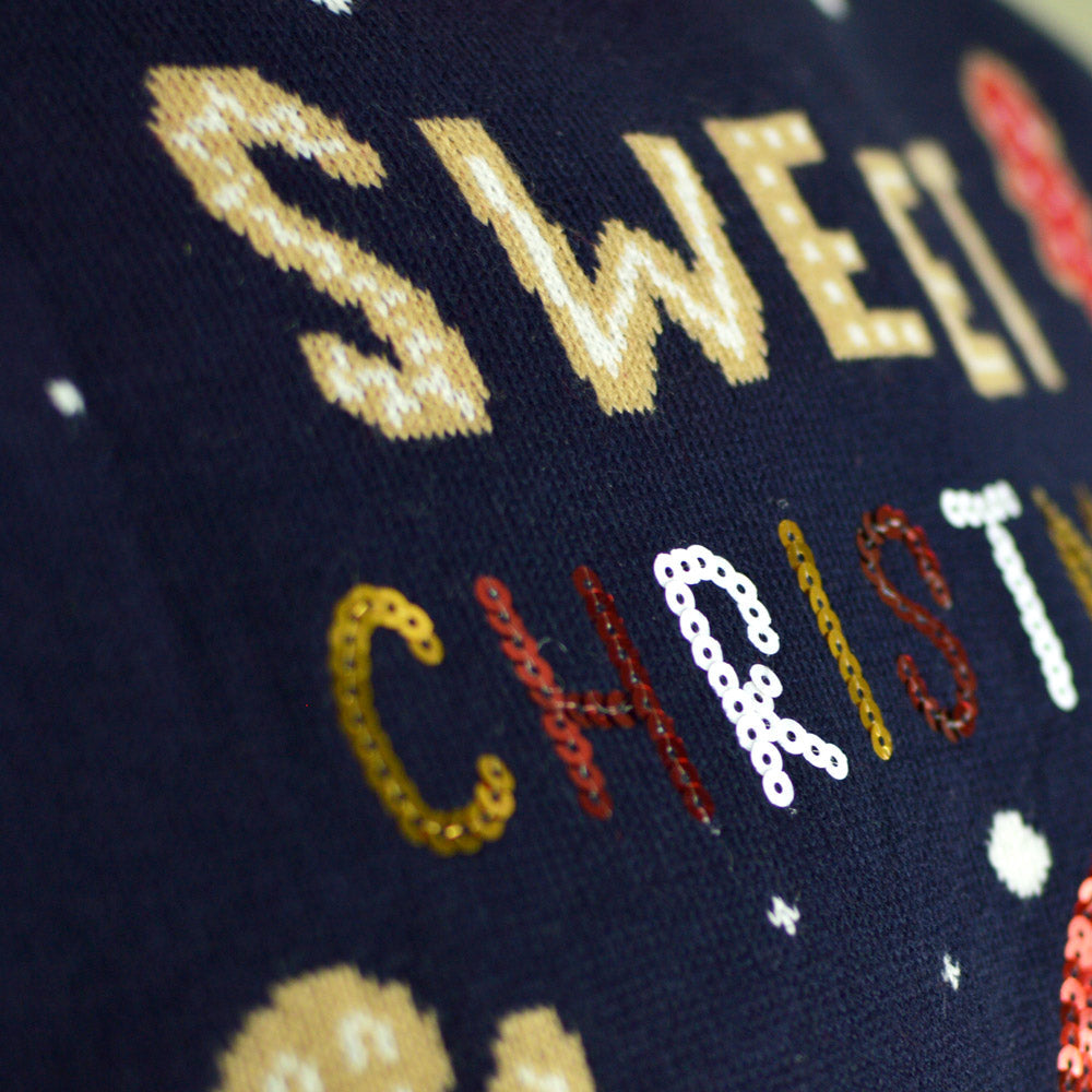 Womens Blue LED light-up Ugly Christmas Sweater with Ginger Cookie