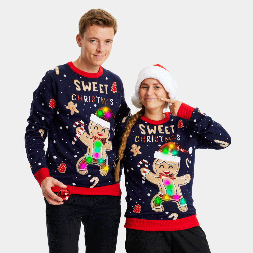 Womens Blue LED light-up Ugly Christmas Sweater with Ginger Cookie