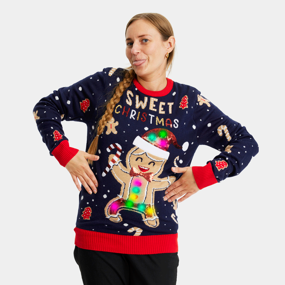 Womens Blue LED light-up Ugly Christmas Sweater with Ginger Cookie