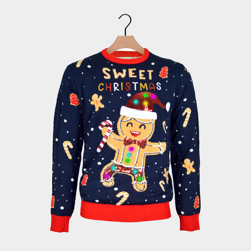 Womens Blue LED light-up Ugly Christmas Sweater with Ginger Cookie