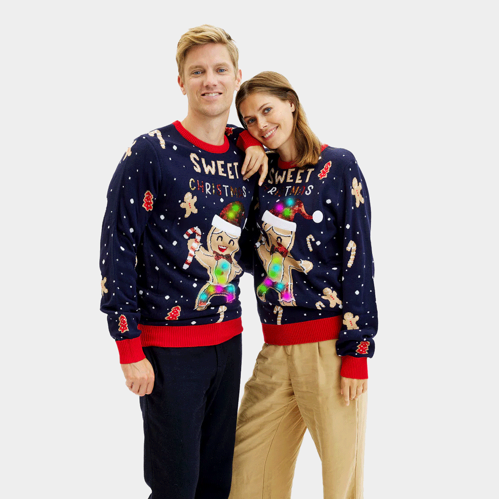 Womens Blue LED light-up Ugly Christmas Sweater with Ginger Cookie