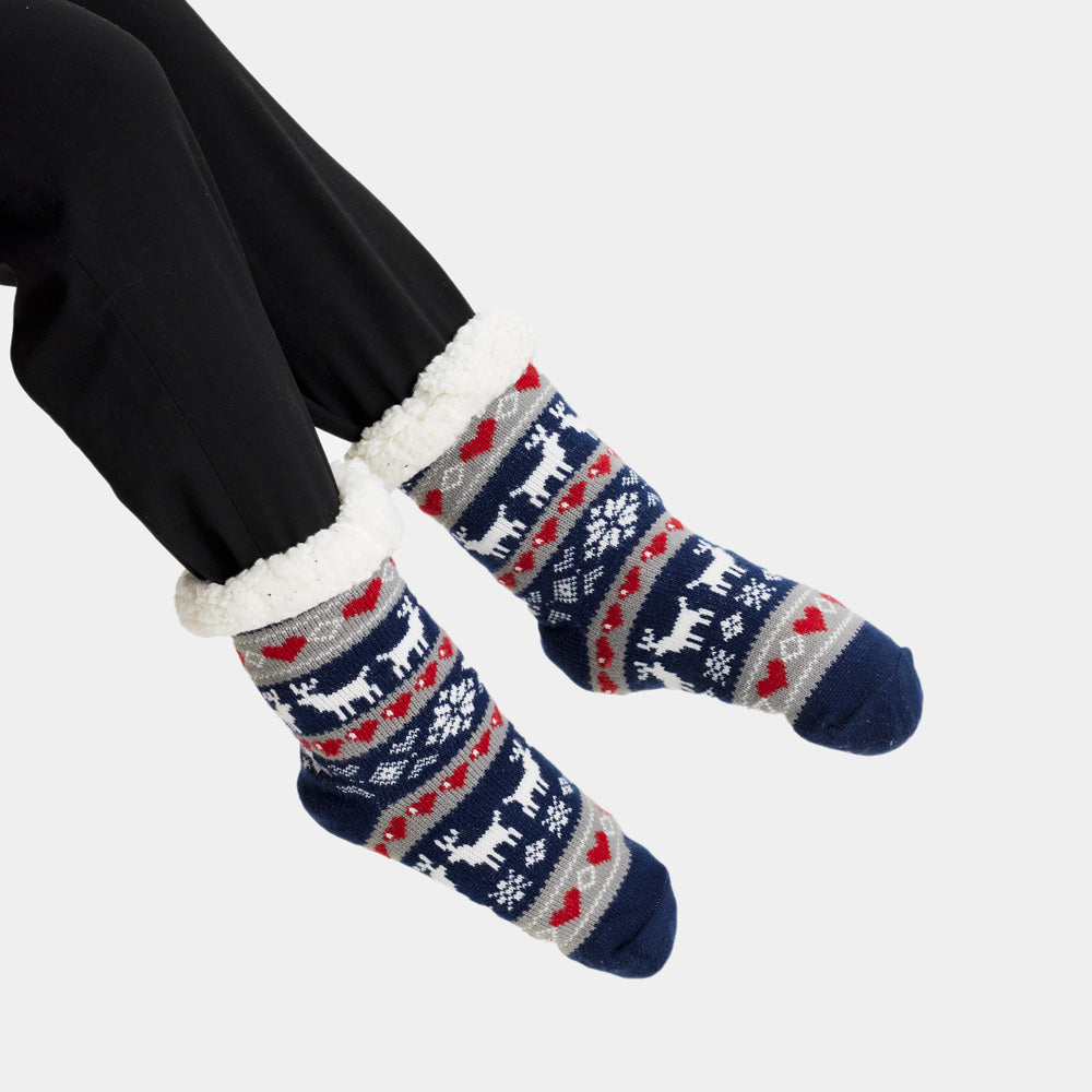 Blue Fuzzy Christmas Socks with Reindeers and Hearts
