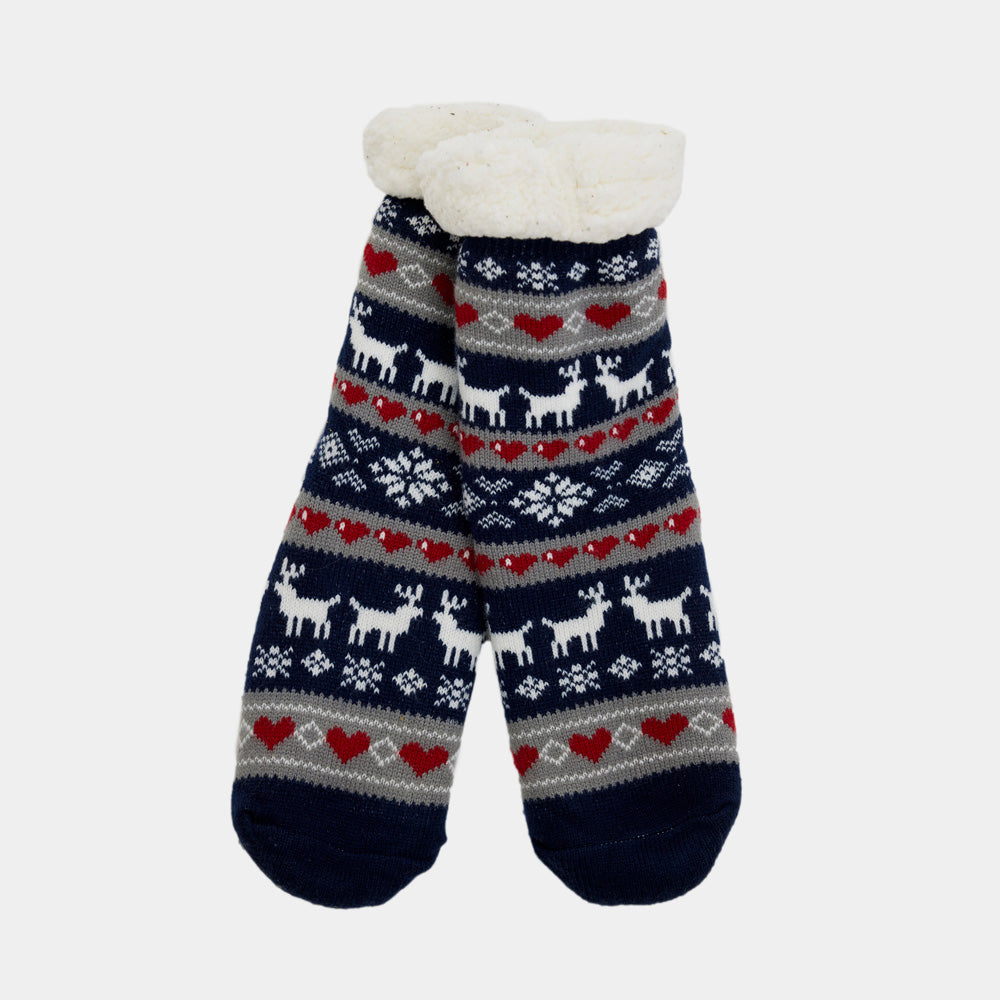 Blue Fuzzy Christmas Socks with Reindeers and Hearts