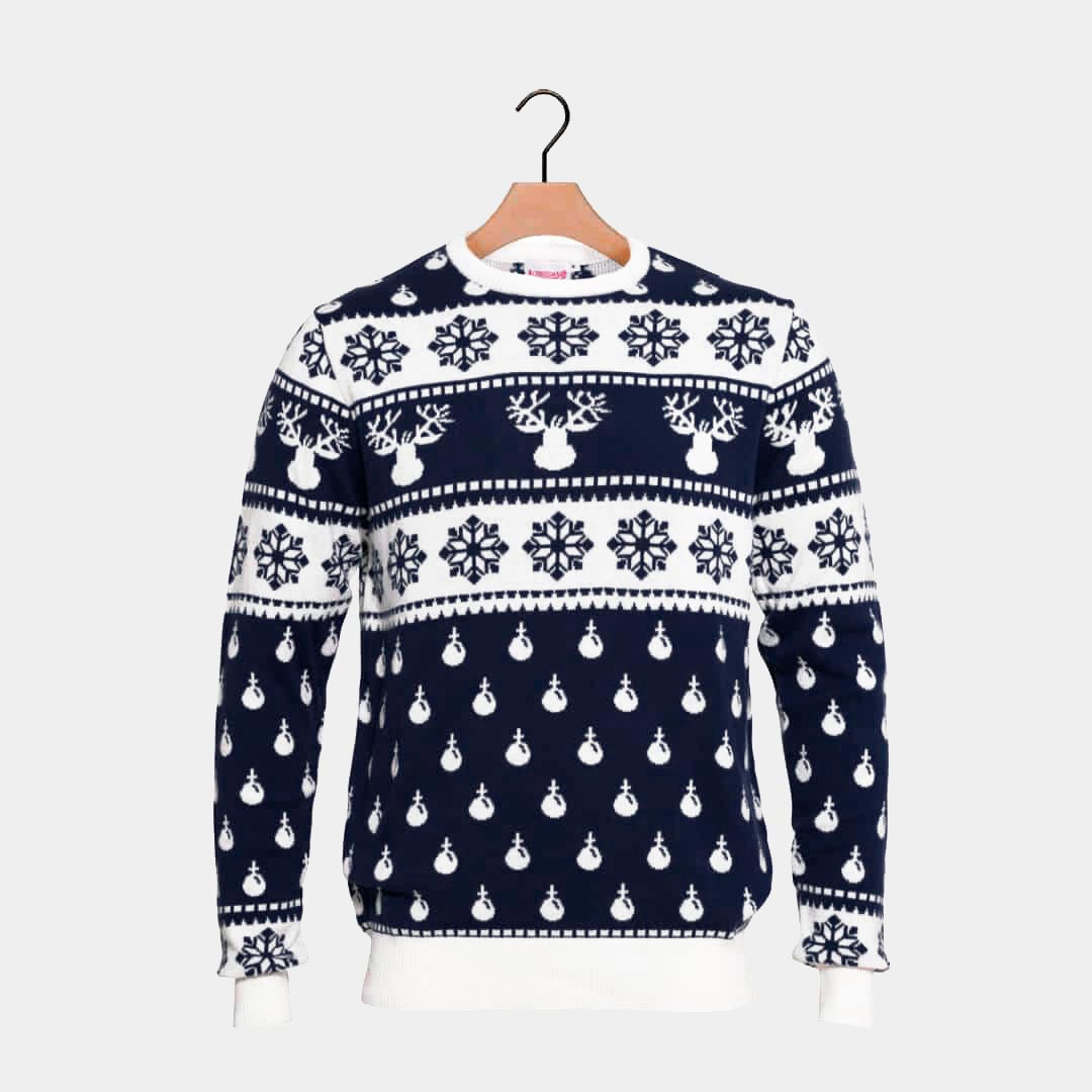 Womens Blue Ugly Christmas Sweater with Reindeer and Snow