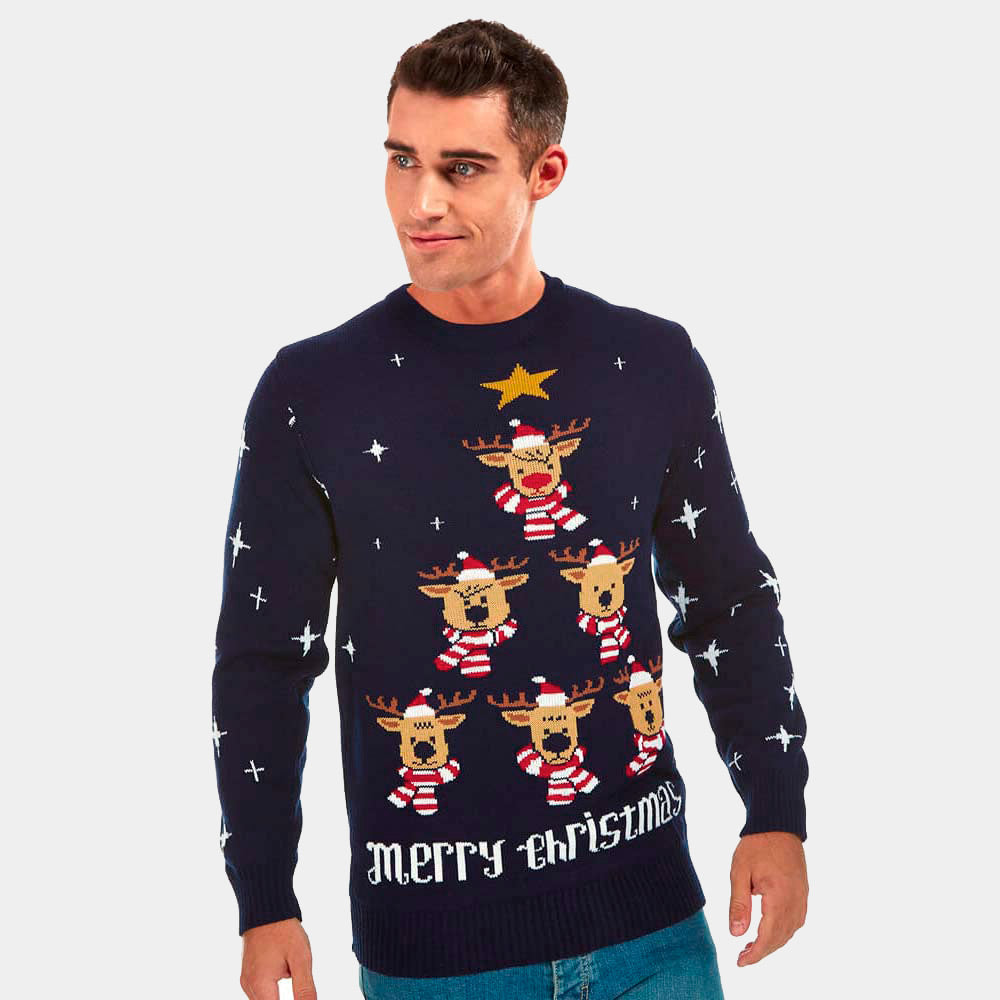 Womens Blue Ugly Christmas Sweater with Reindeer, Christmas Tree and Star