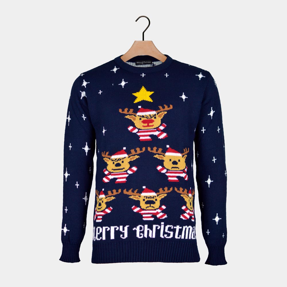 Womens Blue Ugly Christmas Sweater with Reindeer, Christmas Tree and Star