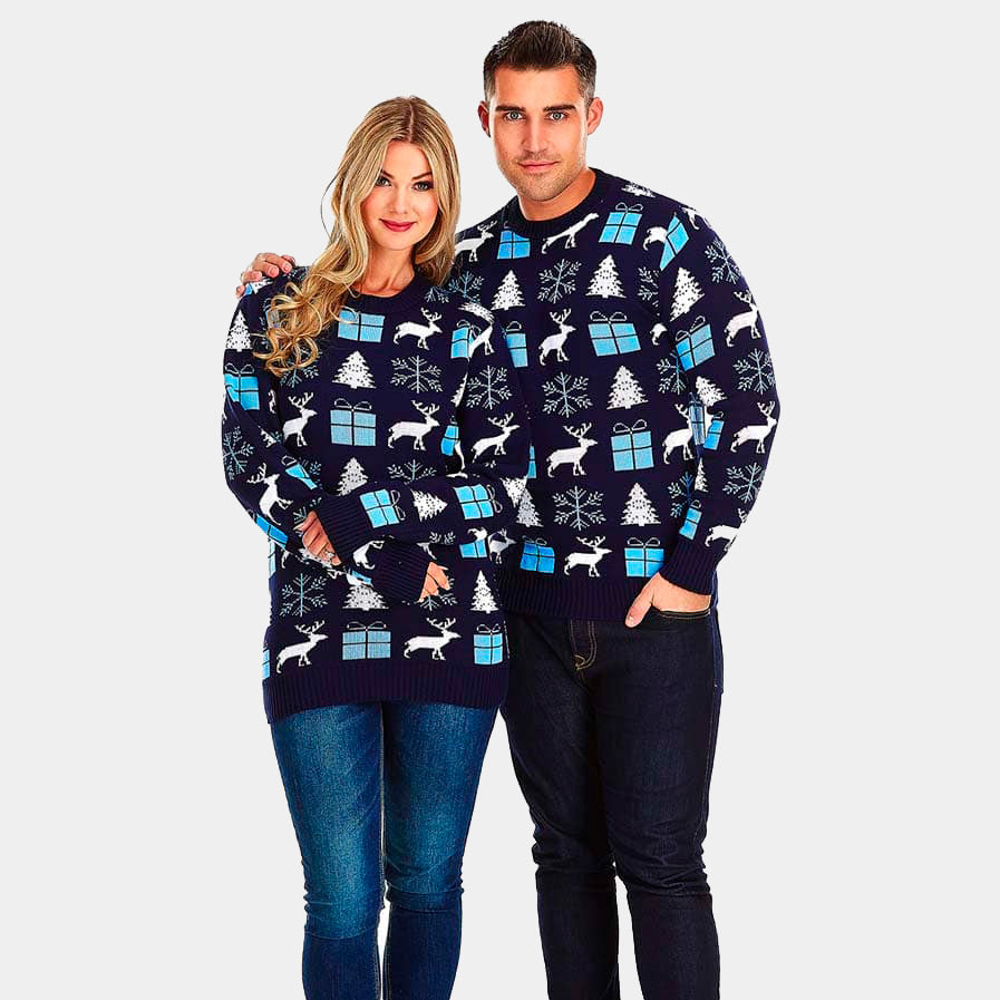 Womens Blue Ugly Christmas Sweater with Reindeer, Gifts and Trees