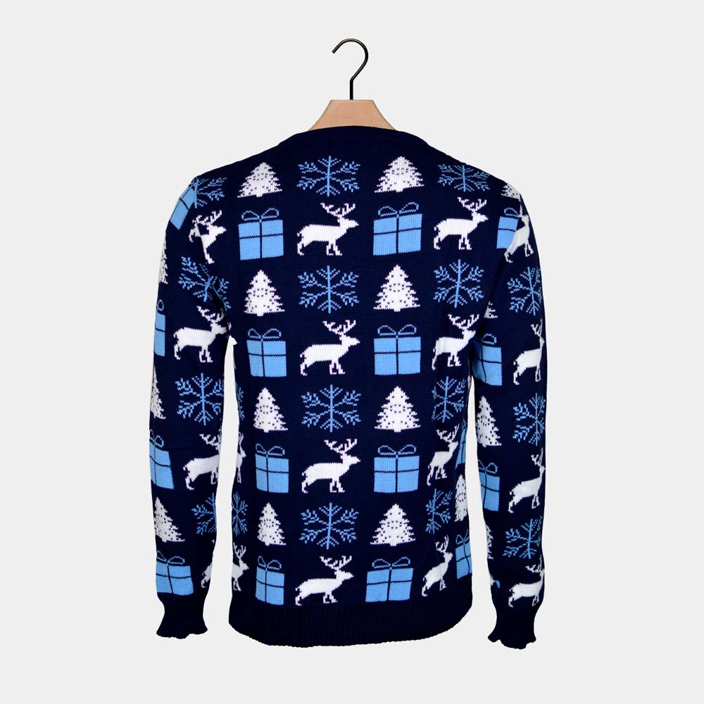 Womens Blue Ugly Christmas Sweater with Reindeer, Gifts and Trees