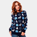 Womens Blue Ugly Christmas Sweater with Reindeer, Gifts and Trees