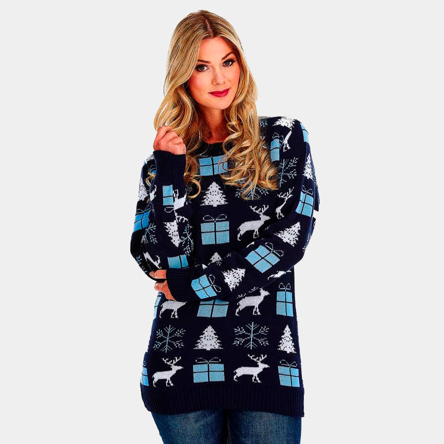 Womens Blue Ugly Christmas Sweater with Reindeer, Gifts and Trees