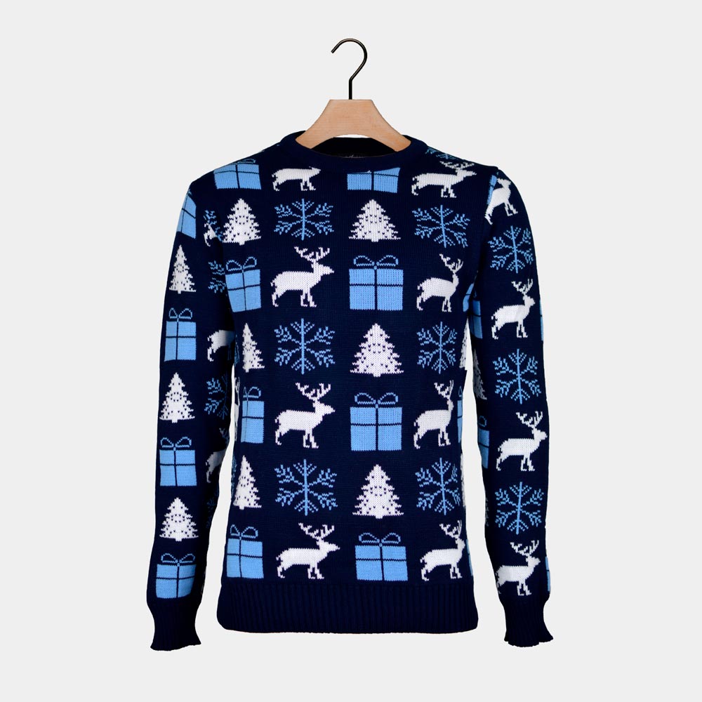 Womens Blue Ugly Christmas Sweater with Reindeer, Gifts and Trees