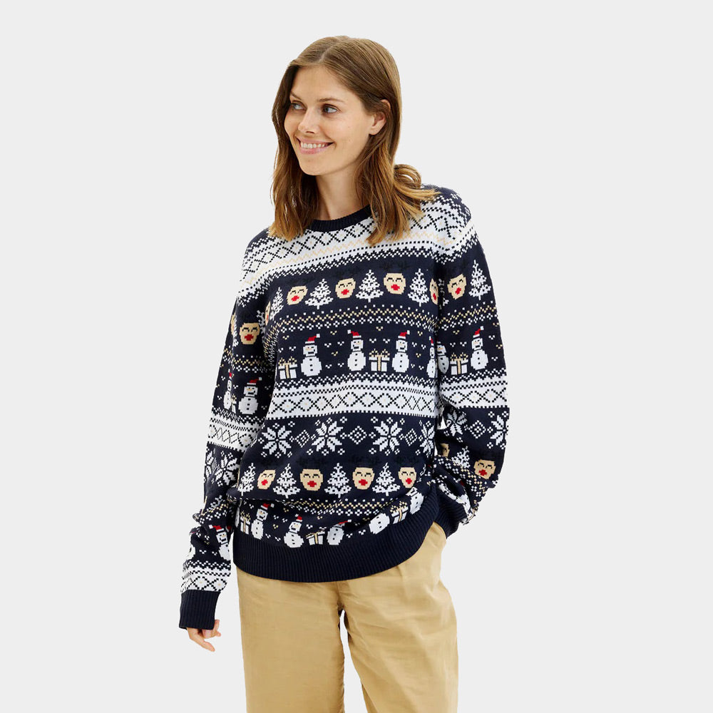 Womens Blue Ugly Christmas Sweater with Snowmen and Trees