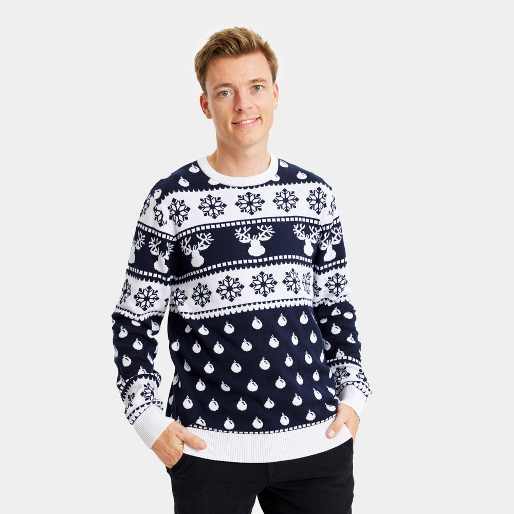 Womens Blue Ugly Christmas Sweater with Reindeer and Snow
