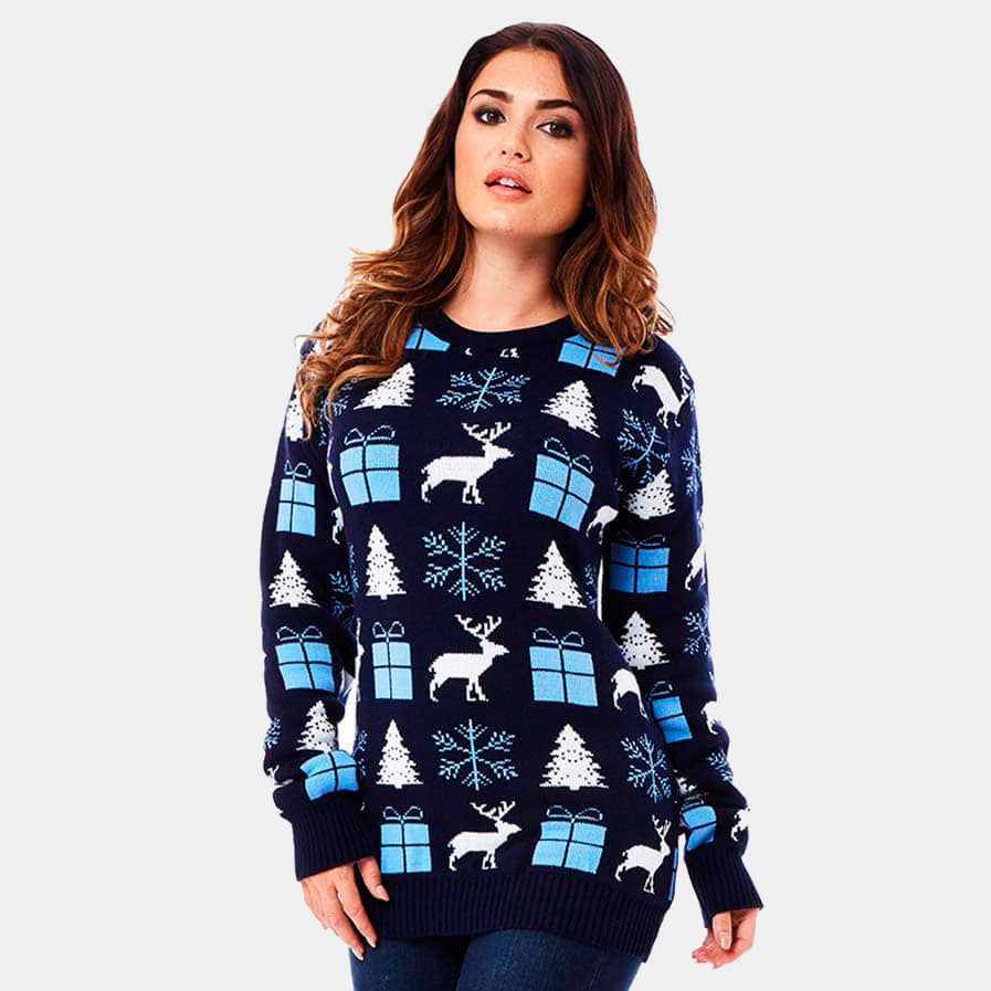 Womens Blue Ugly Christmas Sweater with Reindeer, Gifts and Trees