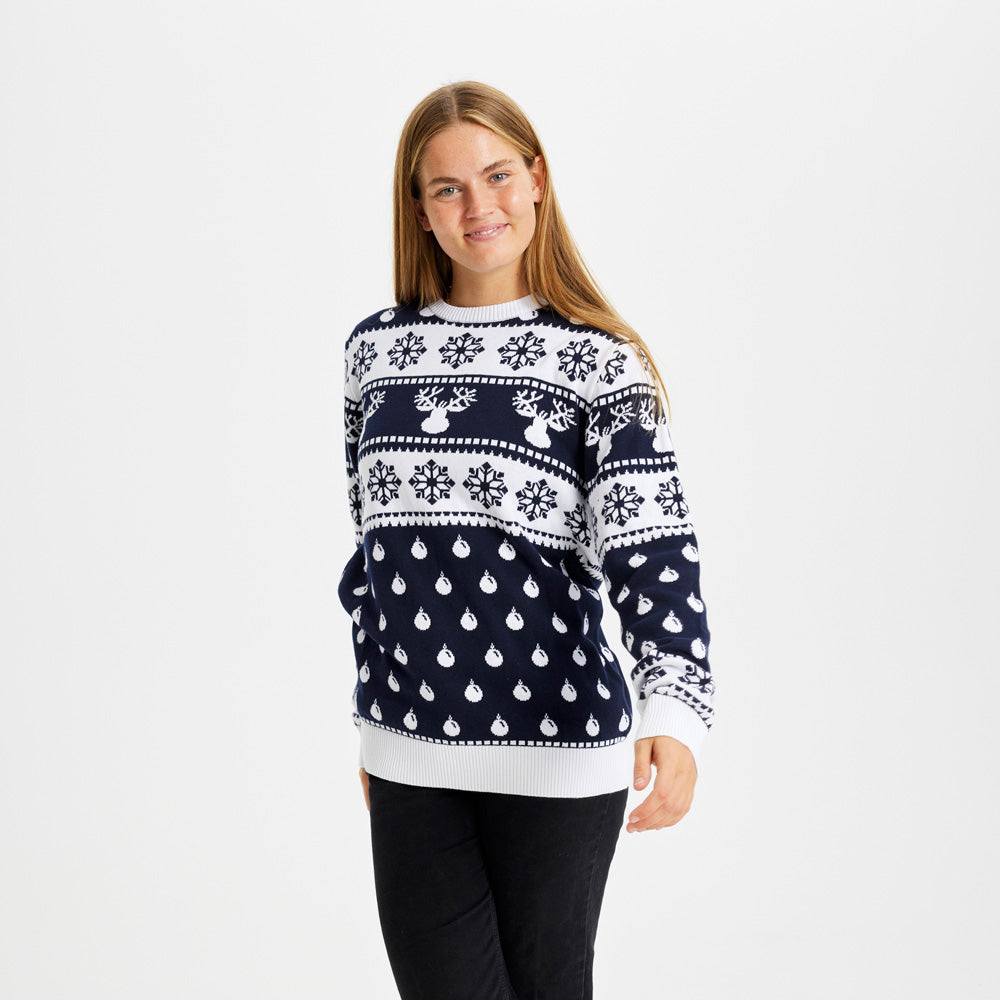Womens Blue Ugly Christmas Sweater with Reindeer and Snow
