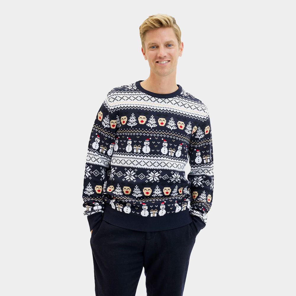 Womens Blue Ugly Christmas Sweater with Snowmen and Trees