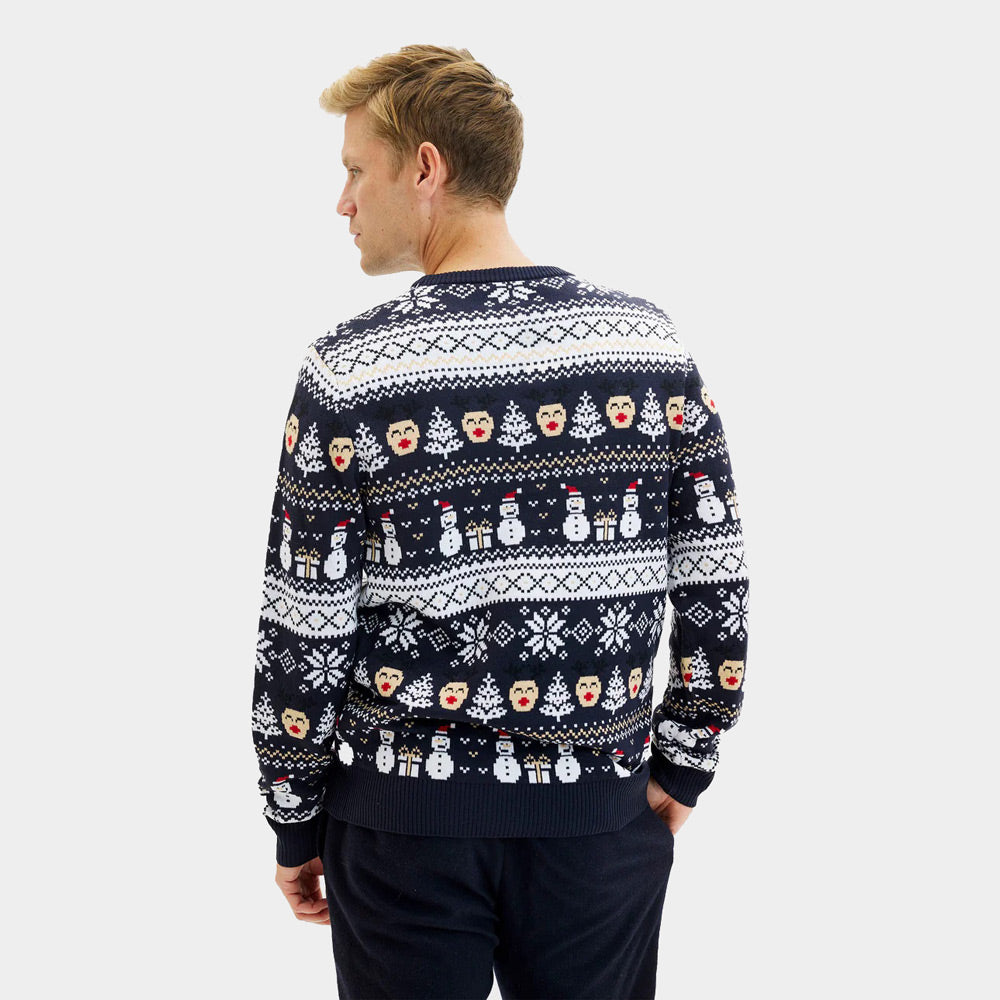 Womens Blue Ugly Christmas Sweater with Snowmen and Trees