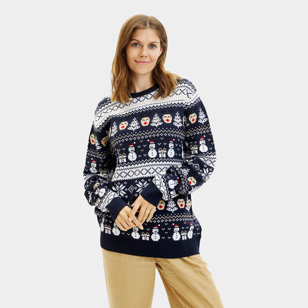 Womens Blue Ugly Christmas Sweater with Snowmen and Trees