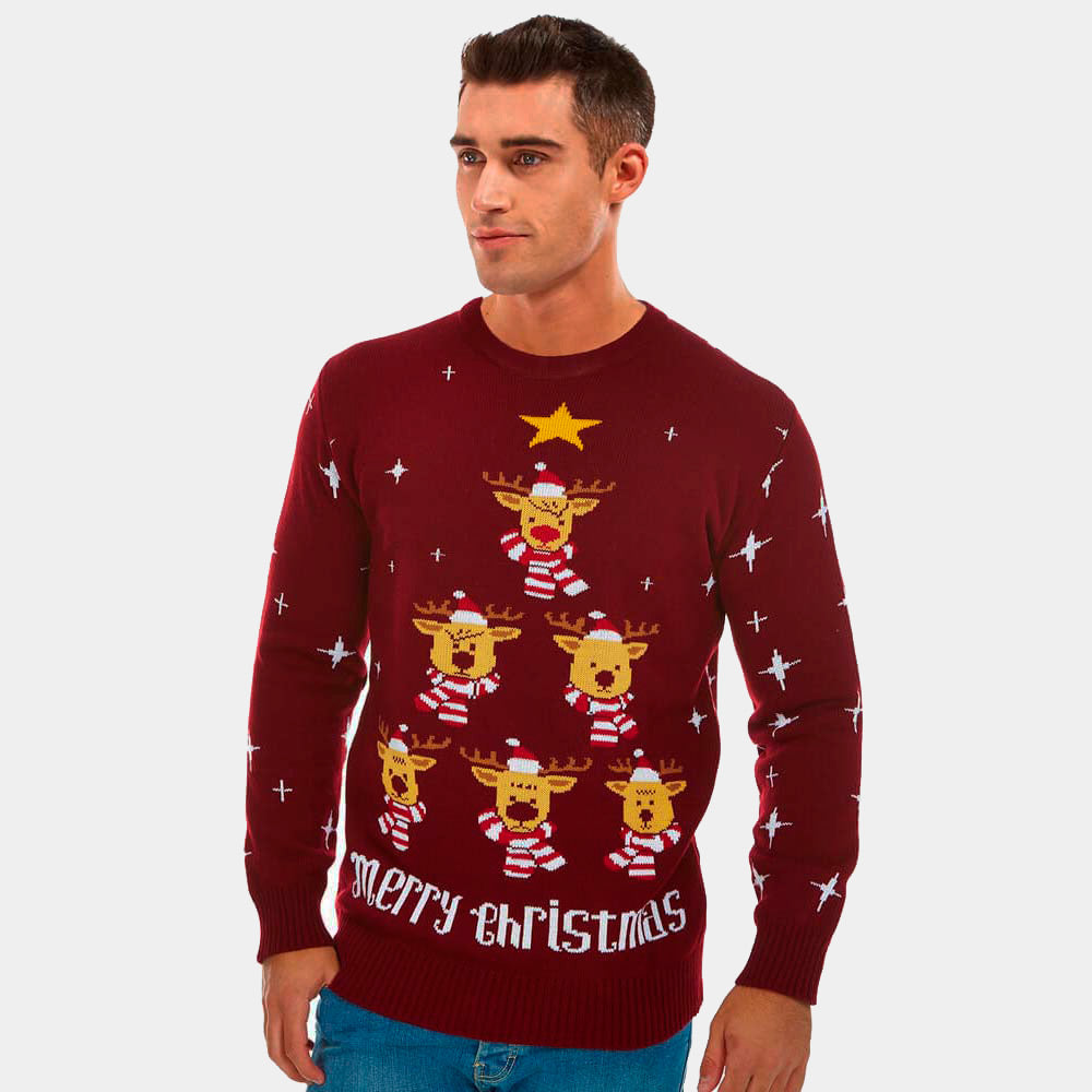 Womens Burgundy Ugly Christmas Sweater with Reindeer, Christmas Tree and Star