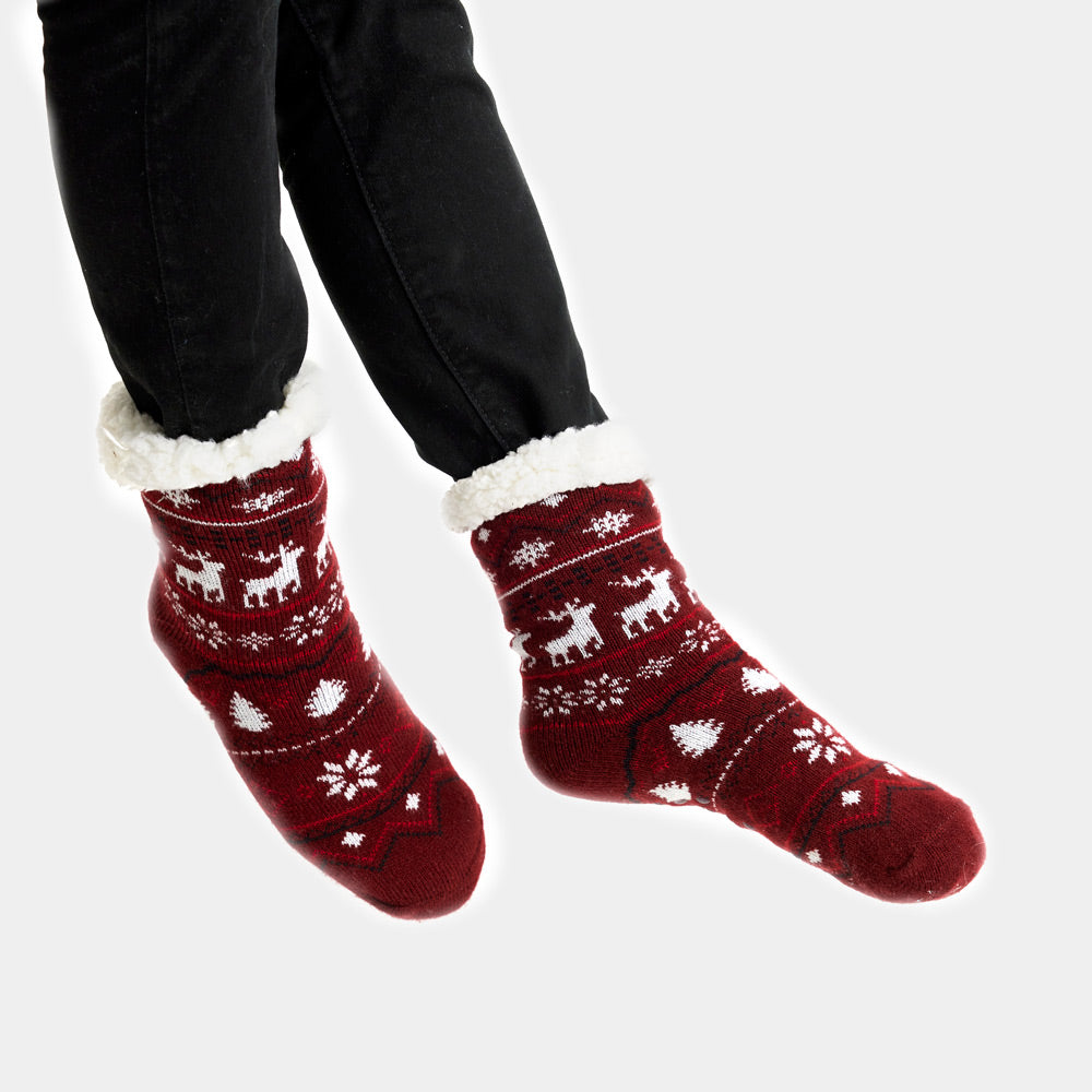 Burgundy Fuzzy Christmas Socks with Reindeers