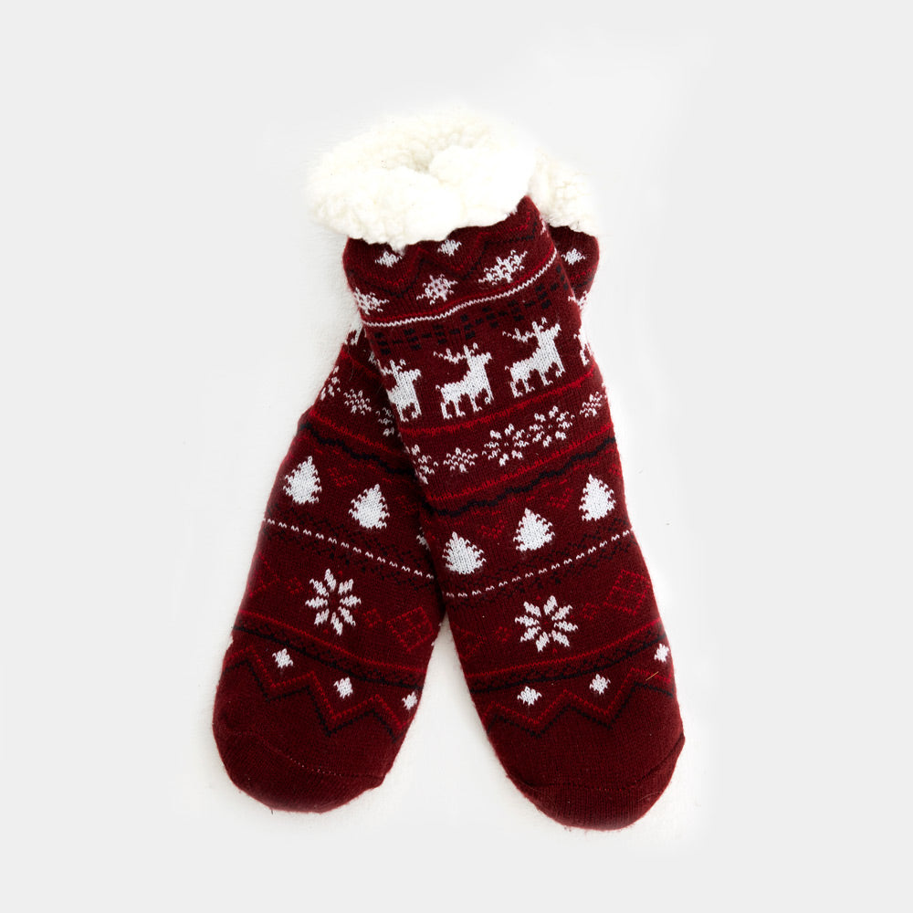 Burgundy Fuzzy Christmas Socks with Reindeers