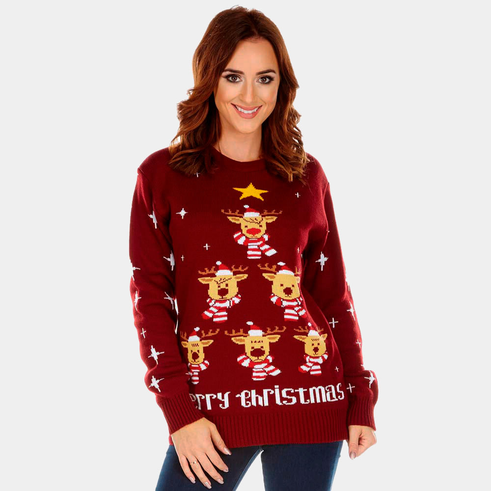 Womens Burgundy Ugly Christmas Sweater with Reindeer, Christmas Tree and Star