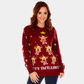 Womens Burgundy Ugly Christmas Sweater with Reindeer, Christmas Tree and Star