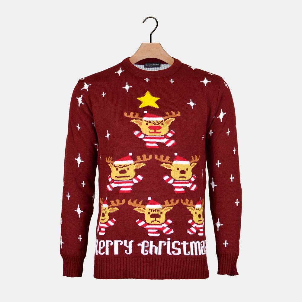 Womens Burgundy Ugly Christmas Sweater with Reindeer, Christmas Tree and Star