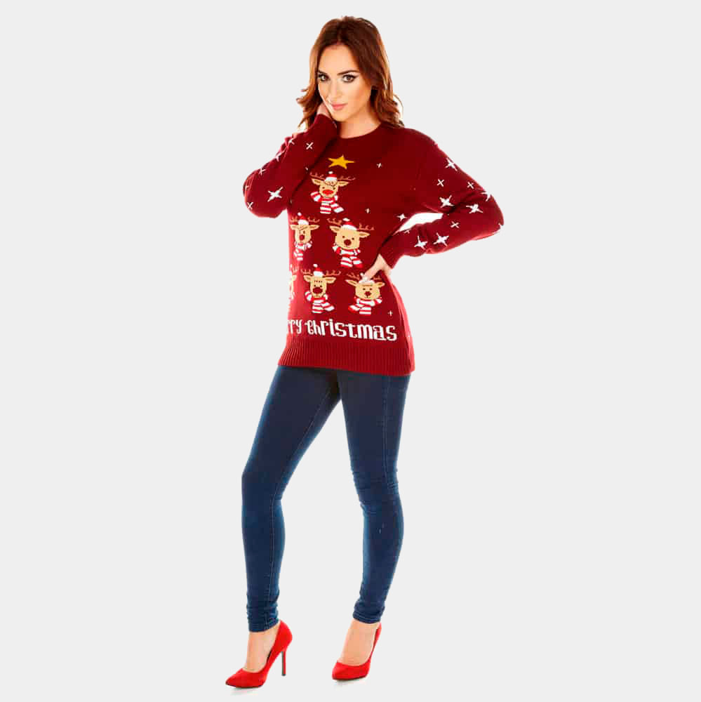 Womens Burgundy Ugly Christmas Sweater with Reindeer, Christmas Tree and Star