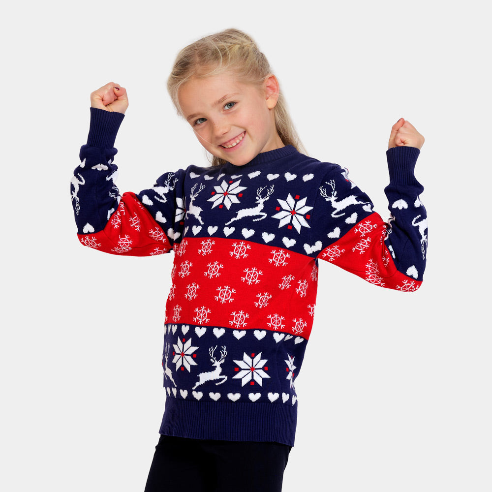 Womens Red and Blue Cotton Ugly Christmas Sweater with Reindeer and Hearts