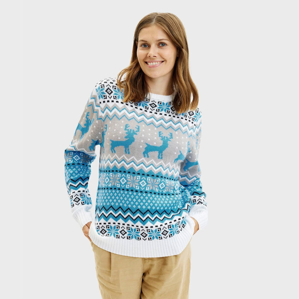 Womens Classy White, Grey and Blue Ugly Christmas Sweater with Reindeer