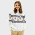 Womens Classy White Organic Cotton Ugly Christmas Sweater with Reindeer