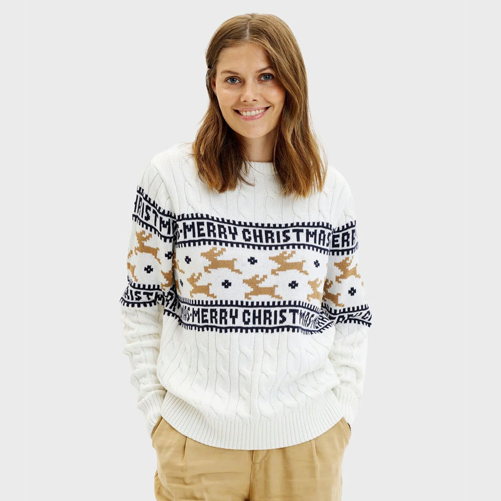 Womens Classy White Organic Cotton Ugly Christmas Sweater with Reindeer