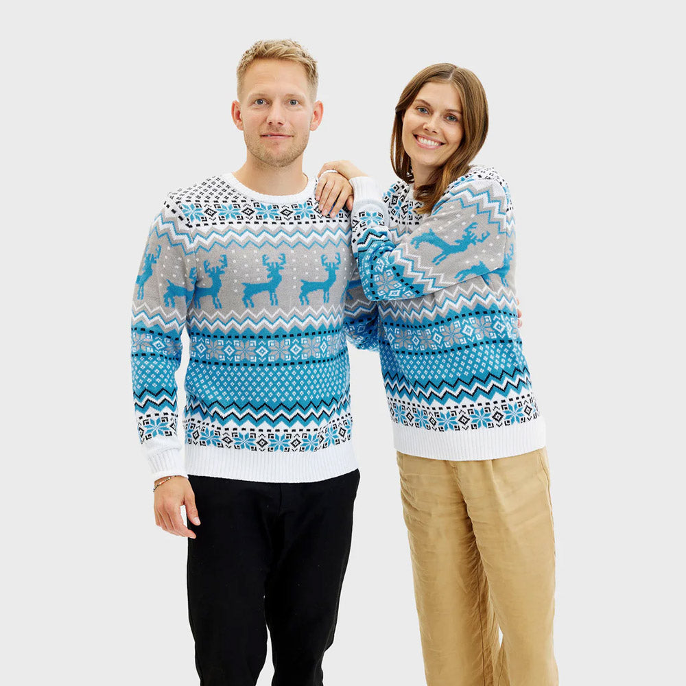 Womens Classy White, Grey and Blue Ugly Christmas Sweater with Reindeer