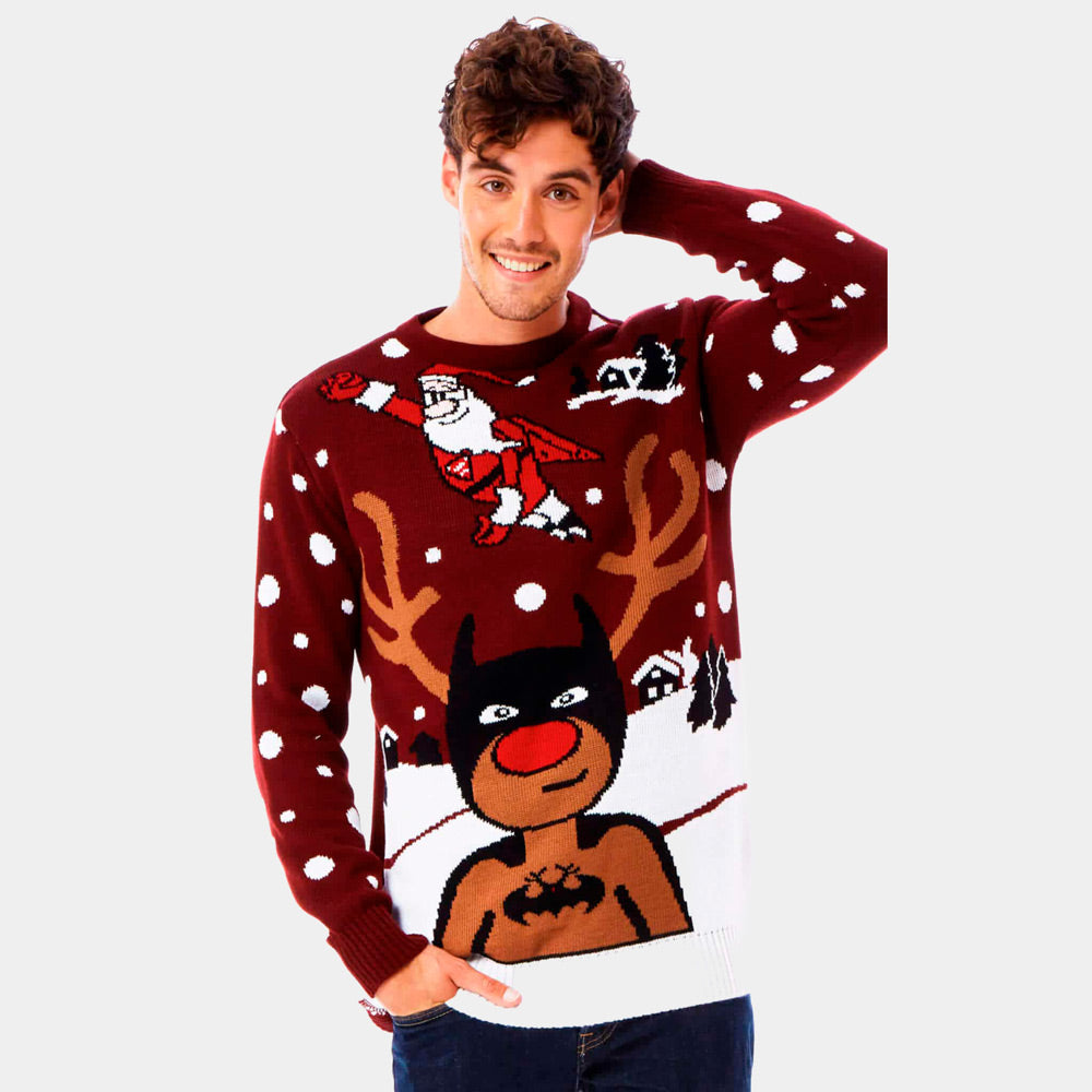 Womens Ugly Christmas Sweater with Batman Rudolph and Superman Santa