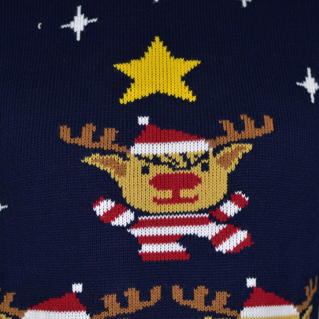 Womens Blue Ugly Christmas Sweater with Reindeer, Christmas Tree and Star