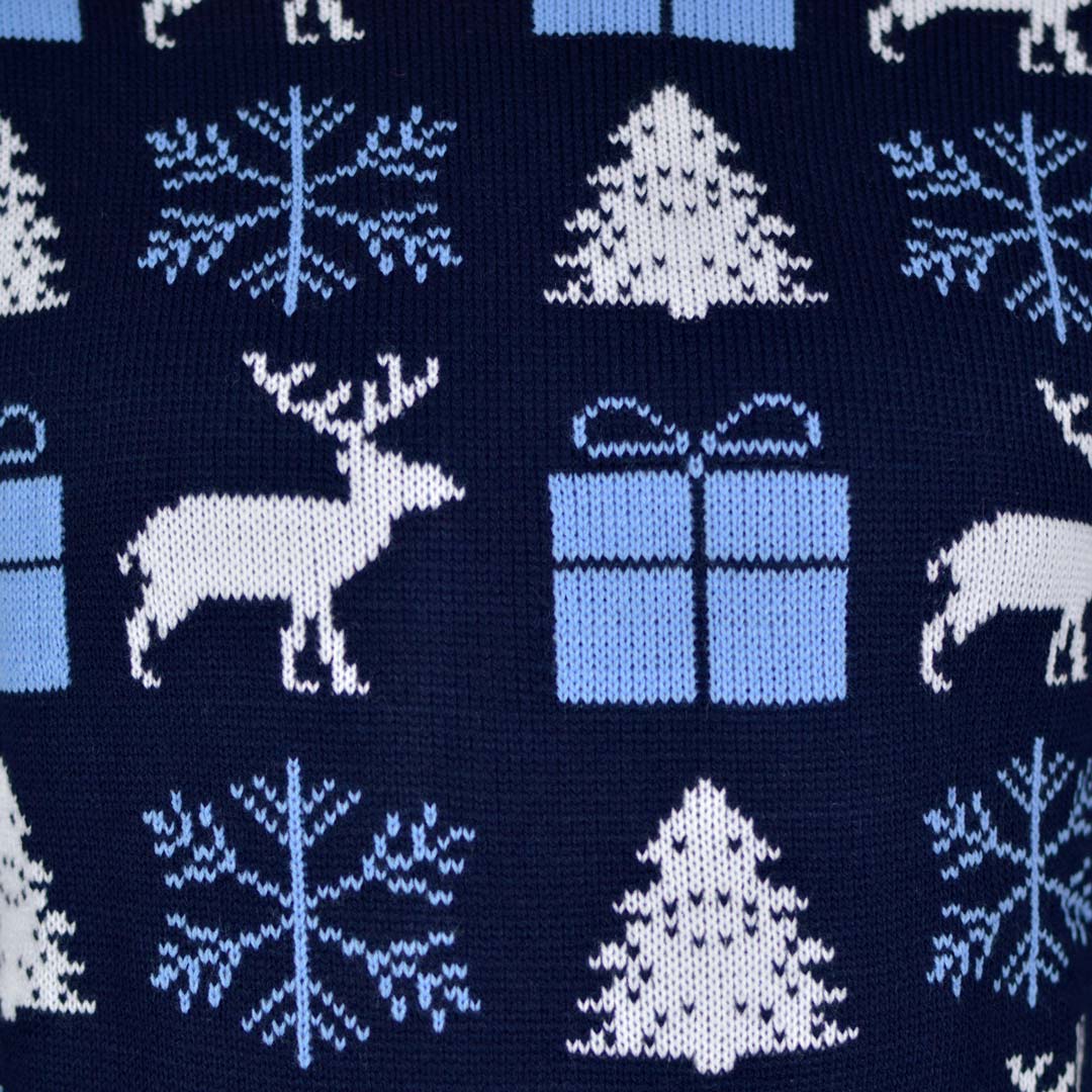 Womens Blue Ugly Christmas Sweater with Reindeer, Gifts and Trees