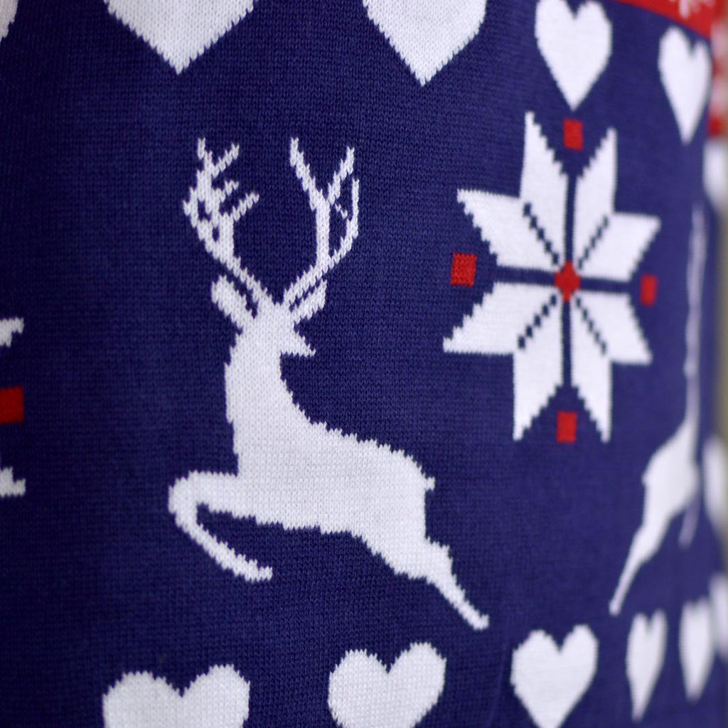 Womens Red and Blue Cotton Ugly Christmas Sweater with Reindeer and Hearts