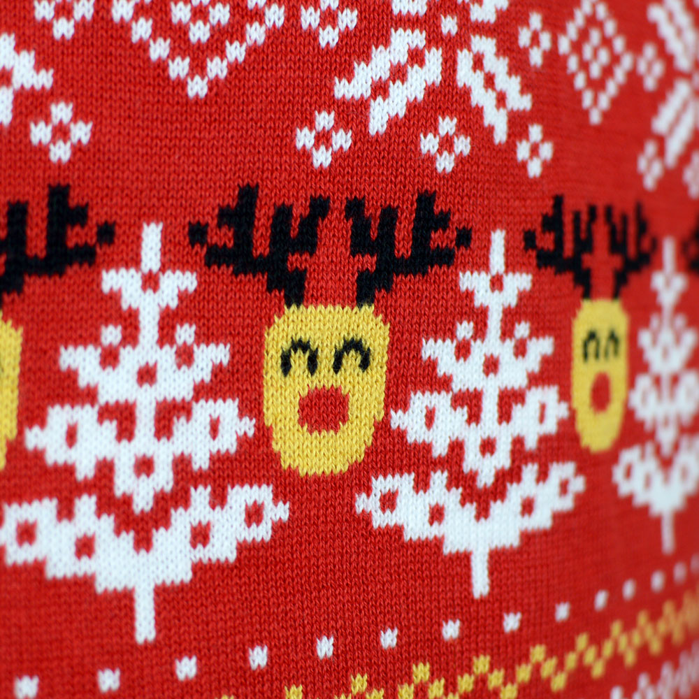 Womens Red Organic Cotton Ugly Christmas Sweater with Snowmen and Trees