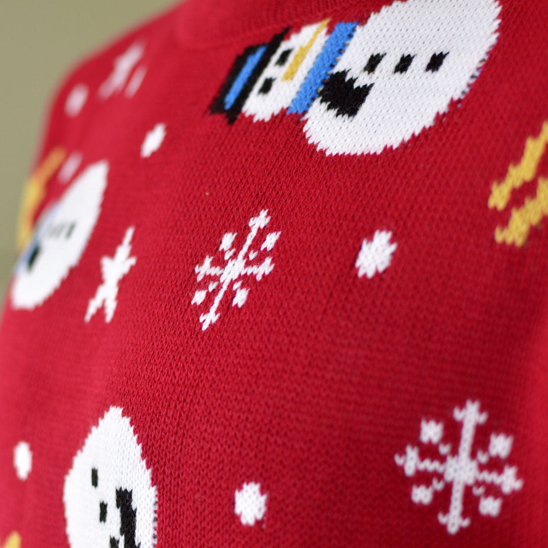 Womens Red Ugly Christmas Sweater with Rudolph, Trees and Snowmen