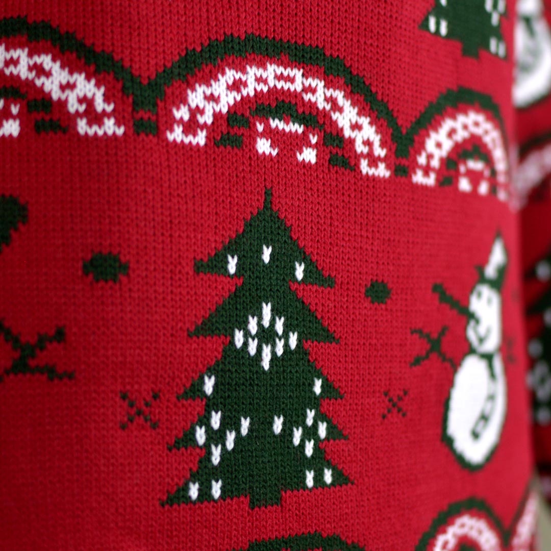 Womens Red Ugly Christmas Sweater with Trees and Snowmen