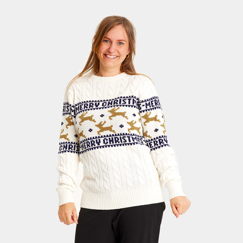 Womens Classy White Organic Cotton Ugly Christmas Sweater with Reindeer