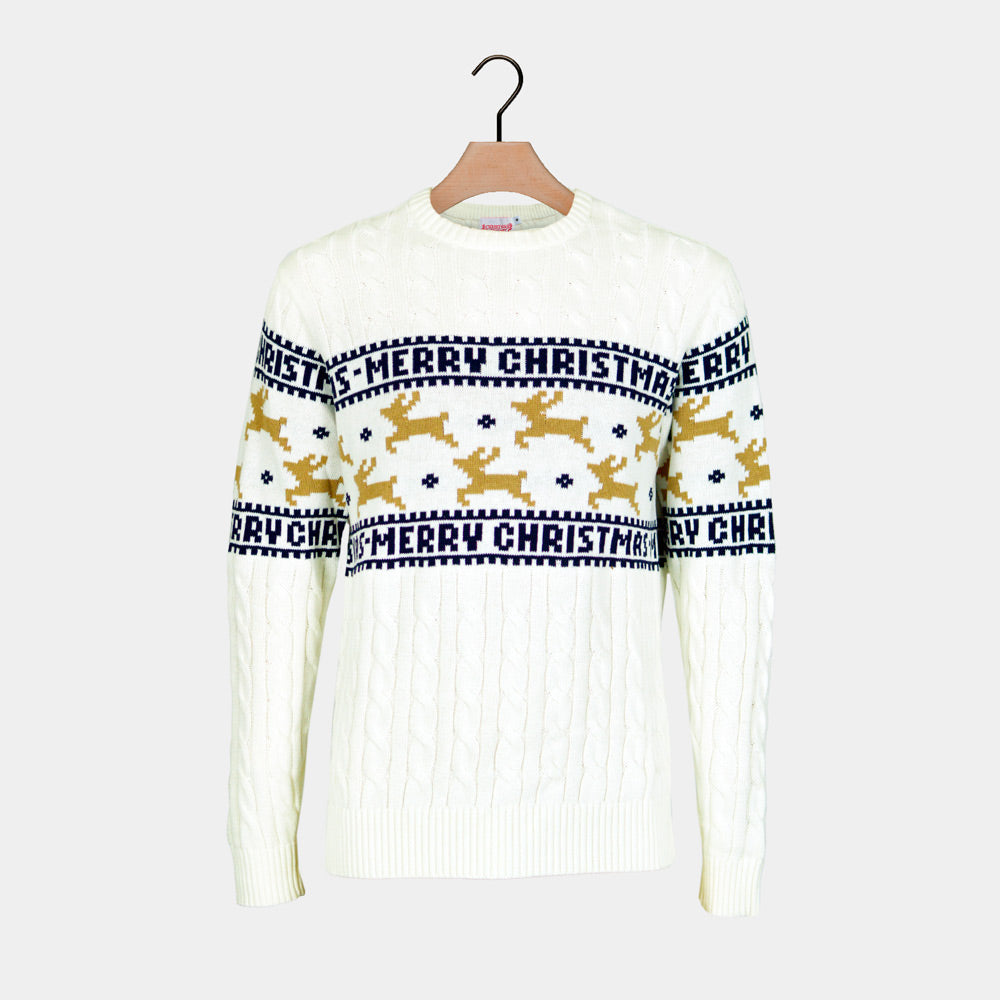 Womens Classy White Organic Cotton Ugly Christmas Sweater with Reindeer