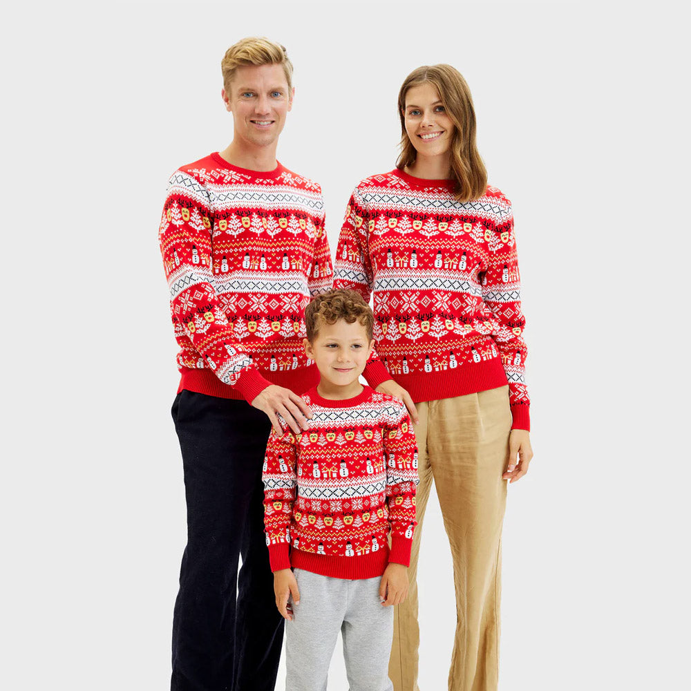 Womens Red Organic Cotton Ugly Christmas Sweater with Snowmen and Trees